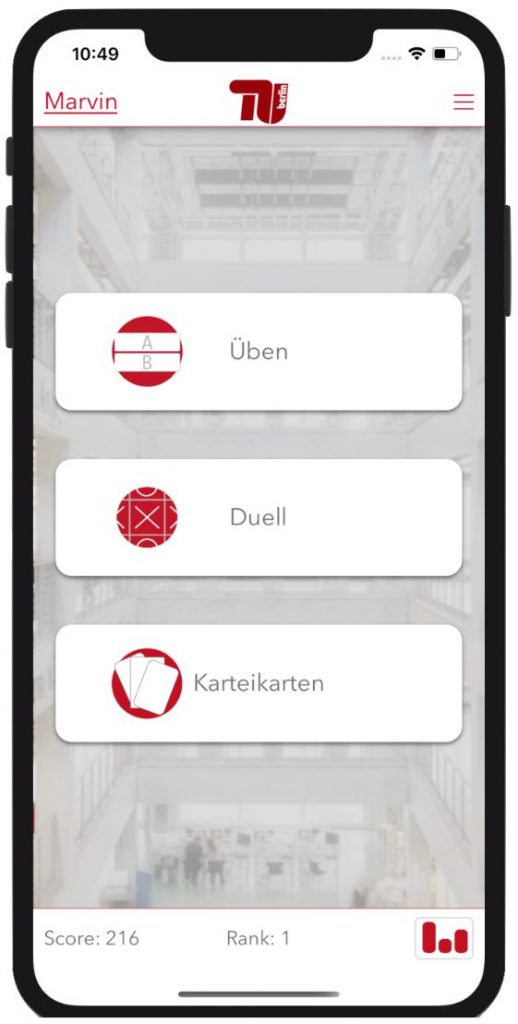 Smartphone-Bildschirm mit den drei Modi zur Auswahl, "Üben", "Duell" und "Karteikarten".